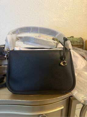 Coach Black Pebbled Leather Shoulder Bag with Gold Charm